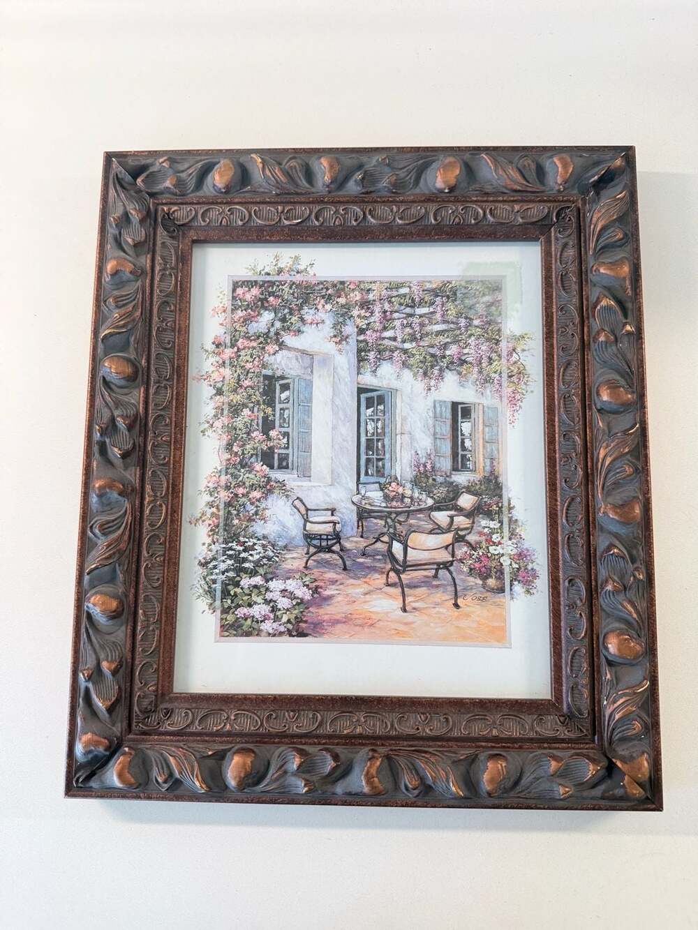 Framed Italian Courtyard and Floral Arbor Art Print with Ornate wood Frame